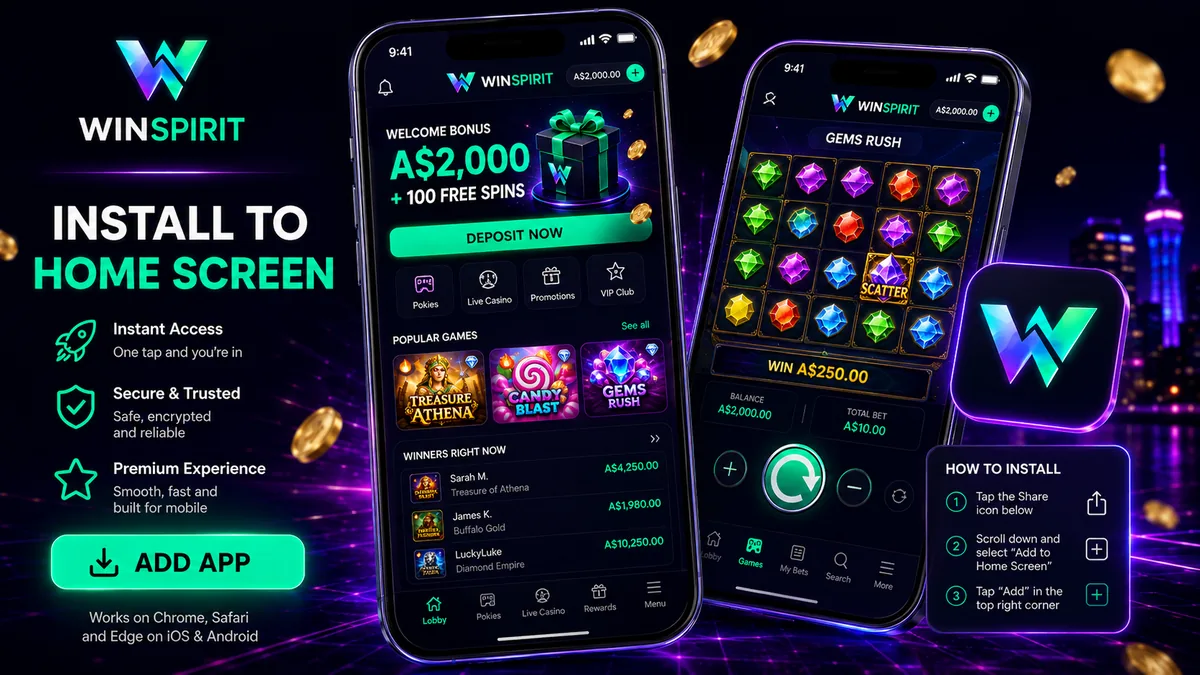 WinSpirit mobile casino running as a progressive web app on an Android phone and an iPhone home screen