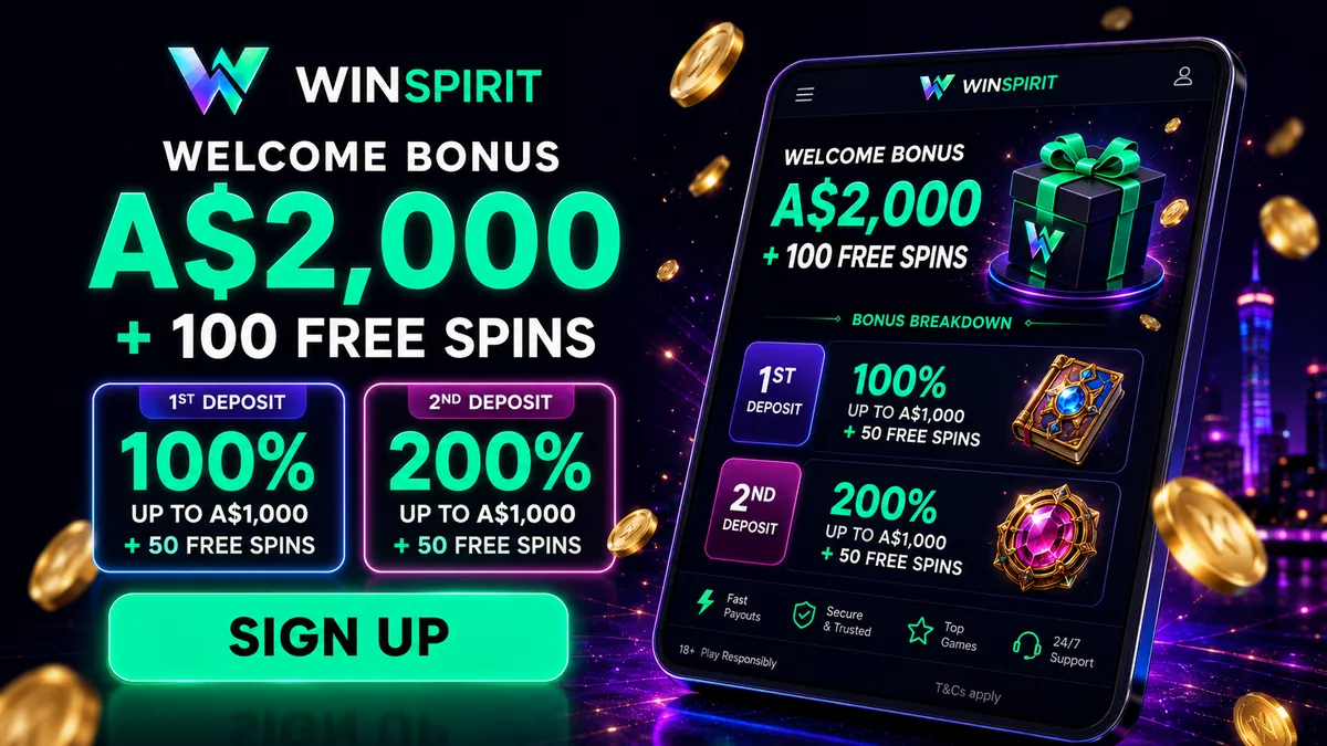 WinSpirit welcome bonus for Australian players showing A$2,000 match and 100 free spins across two deposits