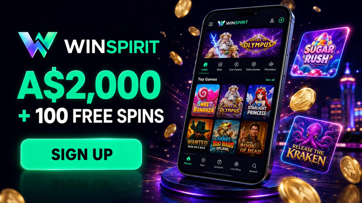 WinSpirit Casino homepage for Australian players showing the AUD welcome bonus, pokies lobby and PayID payment options