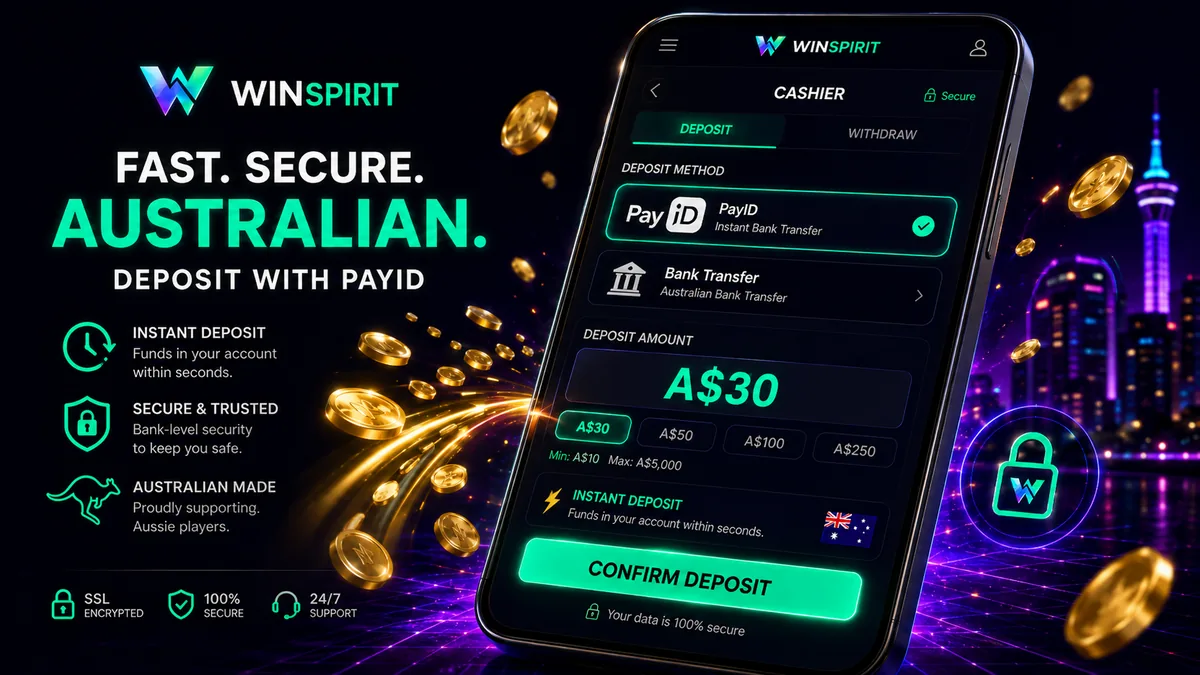 PayID deposit at WinSpirit shown in an Australian banking app with an AUD transfer confirmation