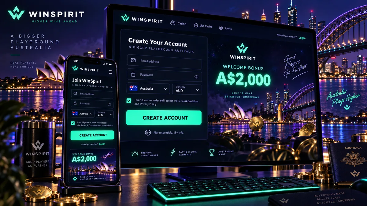 WinSpirit registration form showing the email, password, country and AUD currency fields used by Australian players