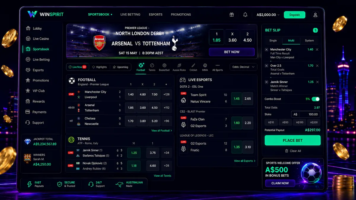 WinSpirit sportsbook betting slip showing football and CS2 esports markets on a laptop screen