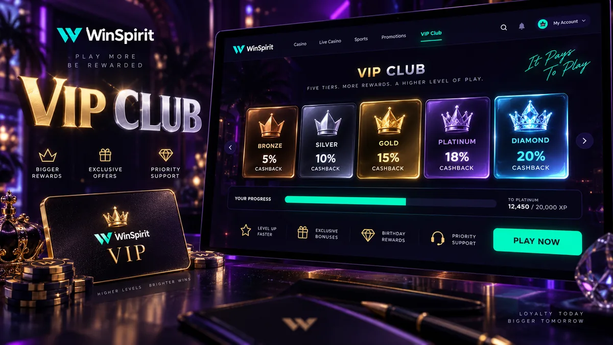 WinSpirit VIP club tiers for Australian players from Bronze to Diamond with cashback and wagering rates