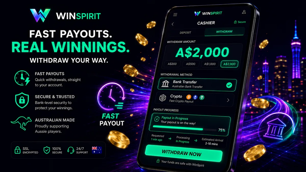 WinSpirit cashier screen with an AUD withdrawal request, payment method list and account verification status
